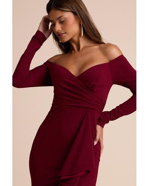 Lulus Red Notorious Perfection Wine Off-The-Shoulder Ruffled Maxi Dress