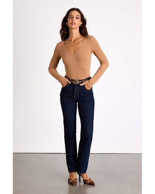 Lulus Blue Easygoing Chic Long Sleeve Bodysuit