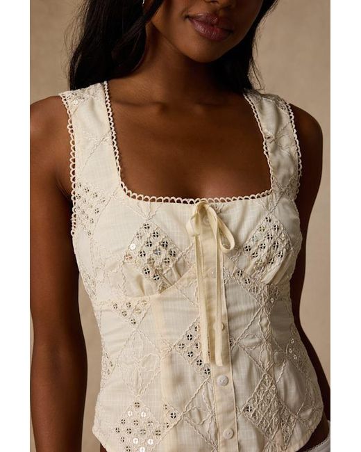 Lulus Brown Antionette Cream Embroidered Sequin Button-Front Top