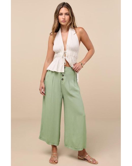 Lulus Green Stroll On Over Button-Front Wide-Leg Pants