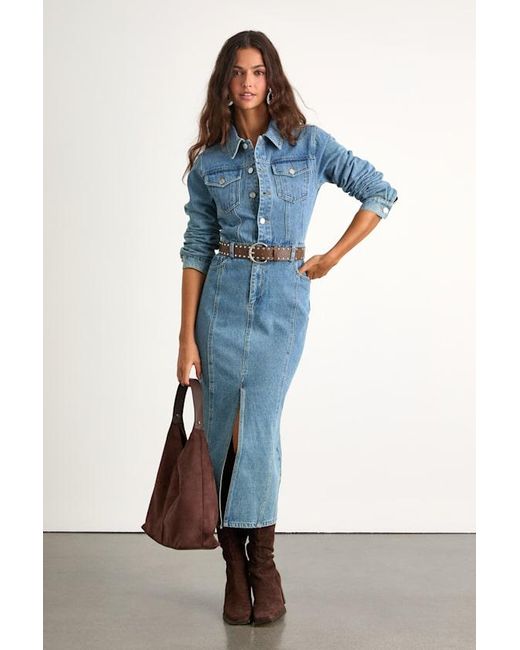 Lulus Blue Alarie Medium Wash Denim Long Sleeve Midi Dress