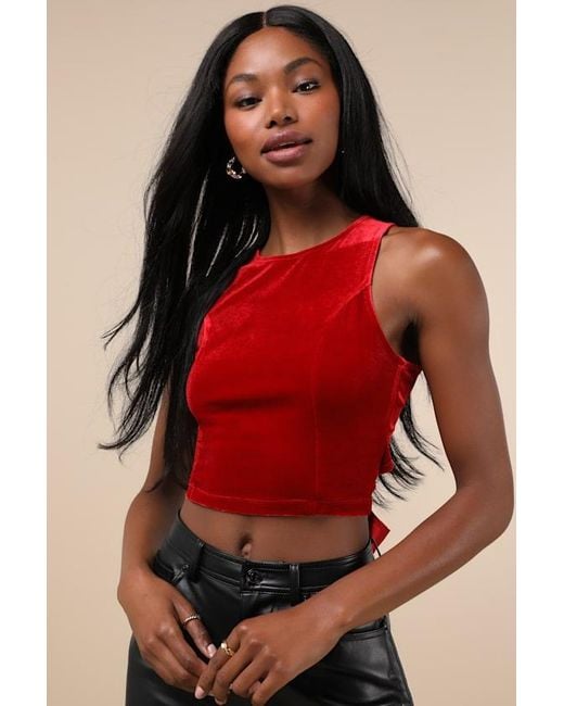 Lulus Red Let's Tie It Velvet Tie-Back Cropped Tank Top