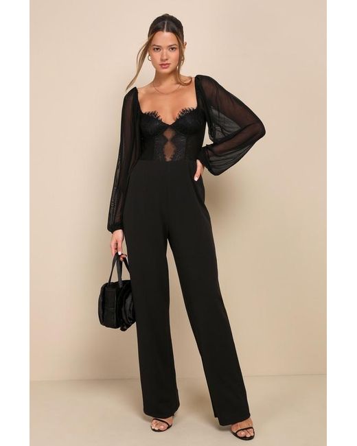 Lulus Black Instant Attraction Mesh Lace Long Sleeve Bustier Jumpsuit