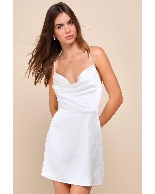 Lulus White Luxe Reputation Satin Sleeveless Cowl Neck Mini Dress