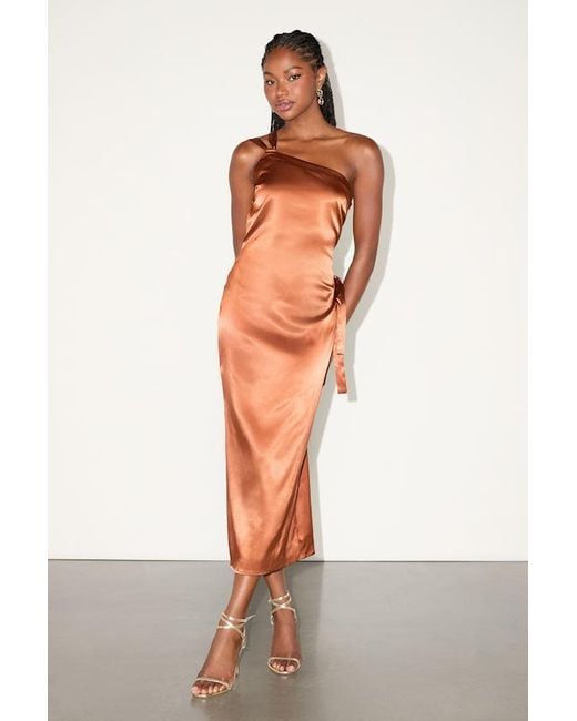 Lulus Orange Yvonne Satin One-Shoulder Midi Dress