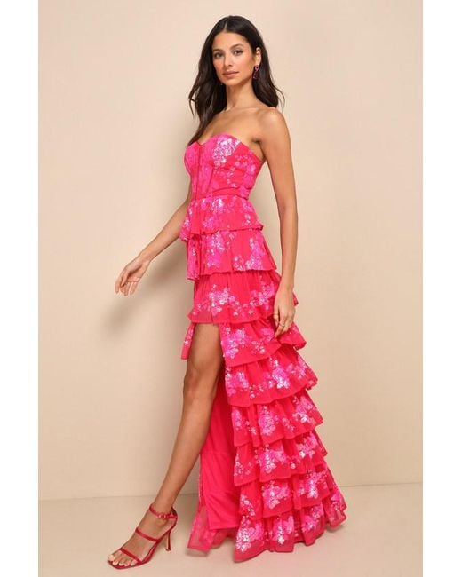 Lulus Red Definite Glamour Sequin Strapless Bustier Maxi Dress