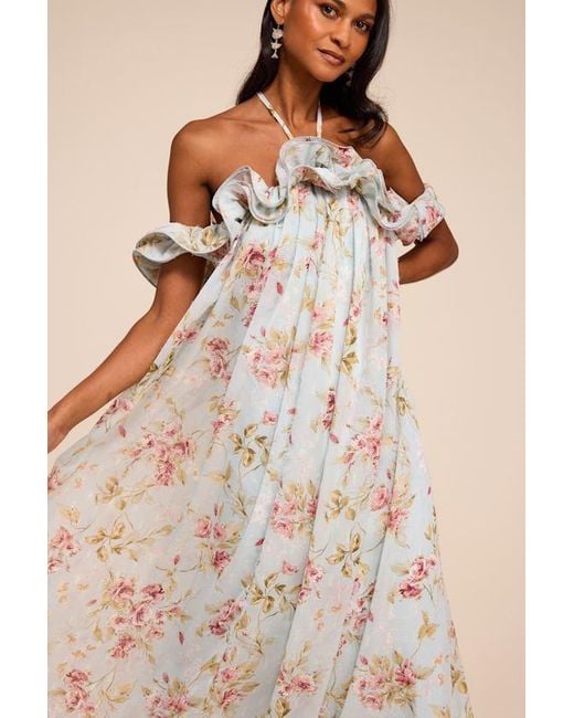 Lulus Natural Amia Floral Ruffled Shift Maxi Dress