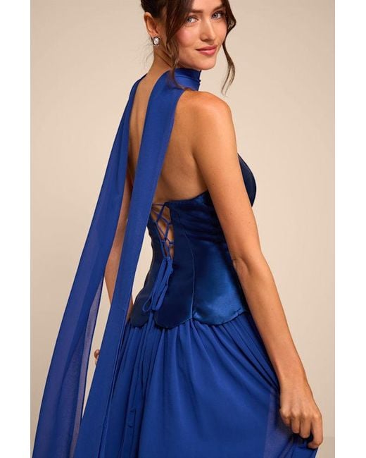 Lulus Blue Kadence Mixed Media Maxi Dress And Scarf Set