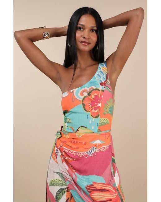 Lulus Blue Hilinai Multi Tropical Print Wrap Midi Dress