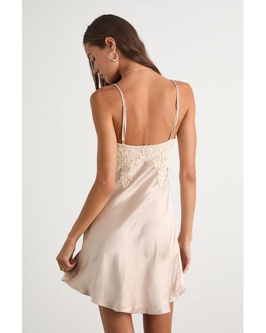 Lulus Natural Maylene Satin Crochet Lace Slip Mini Dress