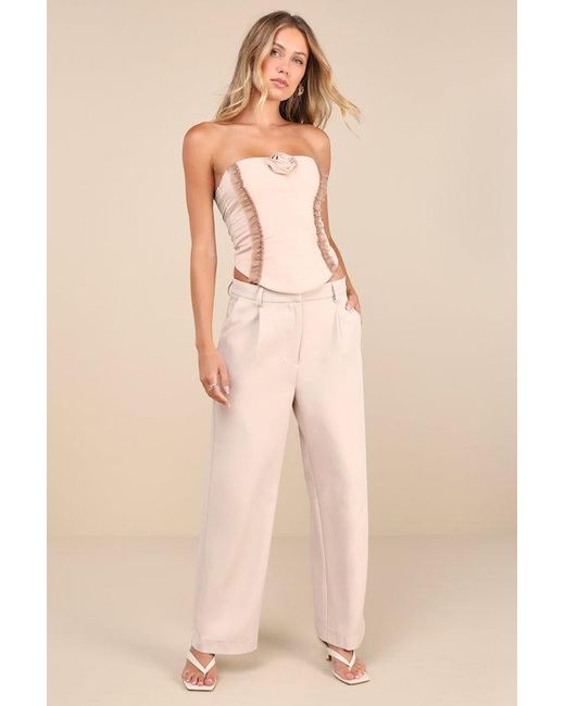 ZEMETA Natural Frap Rosette Ruffled Chiffon Strapless Top