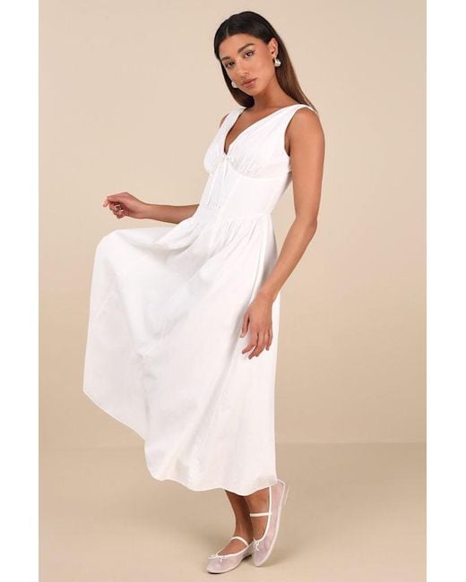 Lulus Natural Lettie Poplin Plunge Neck Midi Dress