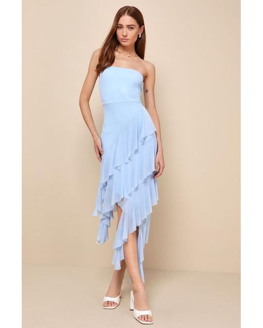 Lulus Iconic Babe Light Mesh Asymmetrical Strapless Midi Dress in Blue Lyst UK