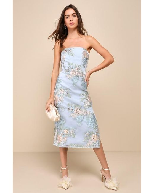 Lulus Blue Upgraded Event Jacquard Strapless Bustier Midi Dress