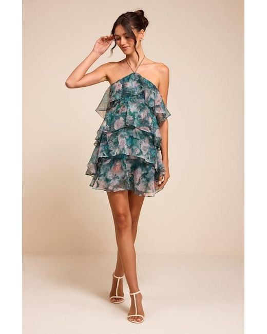 Lulus Blue Melody Multi Floral Tiered Halter Mini Dress