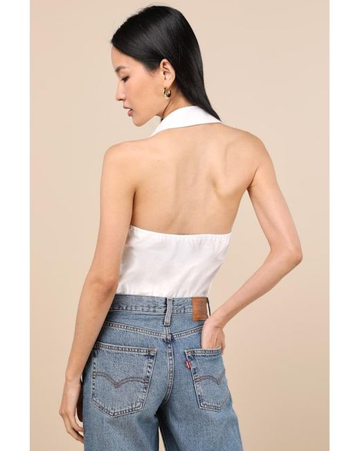 Lulus Blue Aeres Button-Front Collared Halter Bodysuit