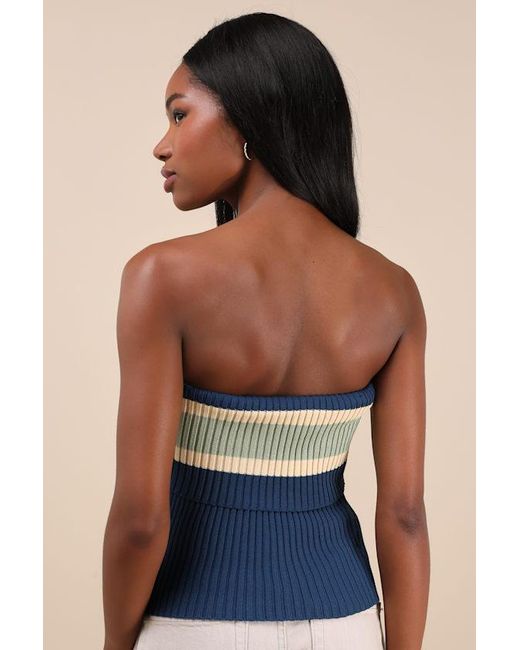 Lulus Blue Sunny Signs Striped Ribbed Knit Strapless Top