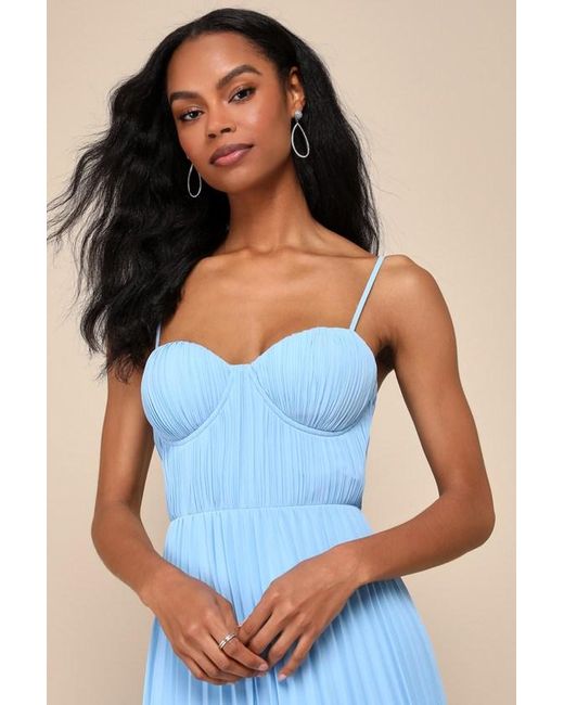 Lulus Blue Admirable Elegance Pleated Bustier Maxi Dress