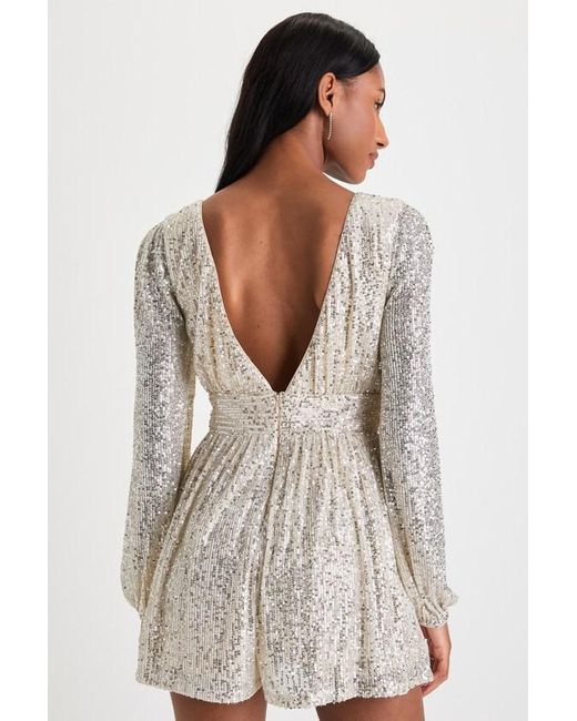 Lulus Natural Watch Me Shine Sequin Plunge Long Sleeve Romper