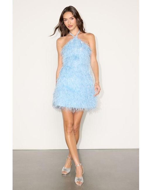 Lulus Blue Colmar Tinsel Fringe Halter Mini Dress