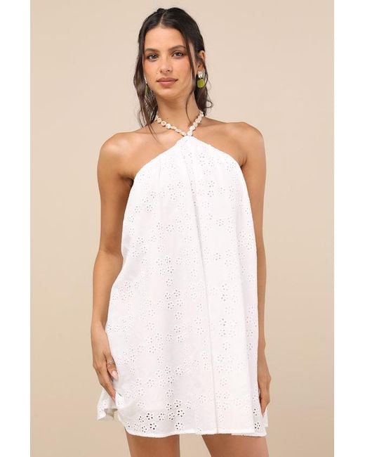 Lulus Natural Mina Eyelet Embroidered Shift Mini Dress