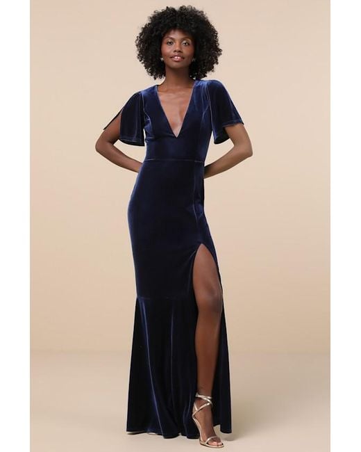 Lulus Blue Elegant Evenings Velvet Flutter Sleeve Trumpet Maxi Dress