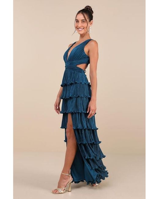 Lulus Blue Beauty Icon Dark Satin Pleated Tiered Lace-Up Maxi Dress