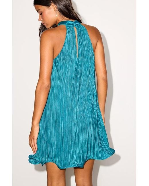 Lulus Blue Vaivah Satin Plisse Mock Neck Swing Mini Dress