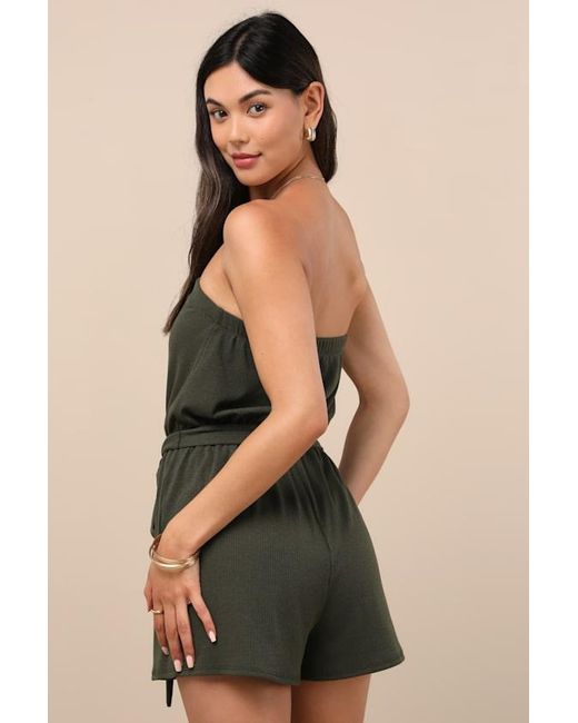 Lulus Green Leisurely Moments Dark Ribbed Knit Strapless Lounge Romper