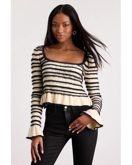 Lulus Black Steffy Cream And Fuzzy Striped Ruffled Sweater Top