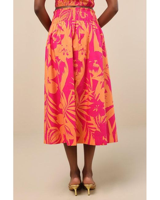 Lulus Red Luana And Floral High-Rise Midi Skirt