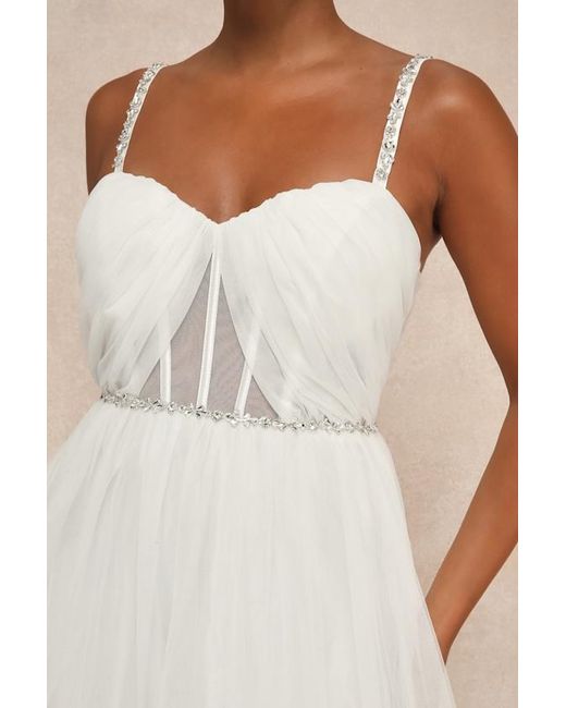 Lulus Natural Glittering Romance Rhinestone Tulle Bustier Maxi Dress