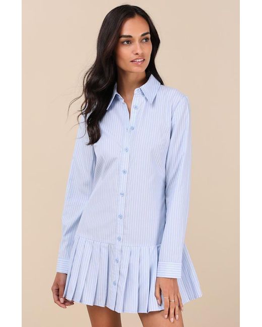 Lulus Blue Exquisite Poise Striped Collared Mini Dress