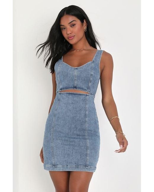 Lulus Blue Charming Edge Denim Cutout Mini Dress