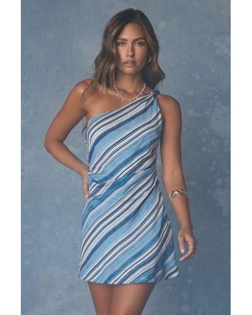 Lulus Blue Marketta Striped One-Shoulder Mini Dress