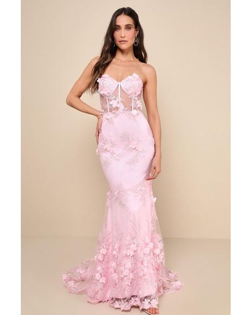 Lulus Pink Radiant Expectations Embroidered Floral Bustier Maxi Dress