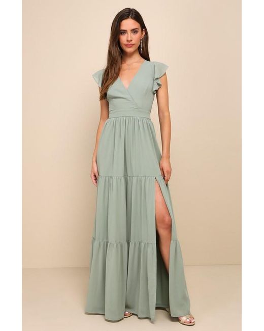 Lulus Blue Charming Success Sage Brush Tiered Lace-Up Backless Maxi Dress