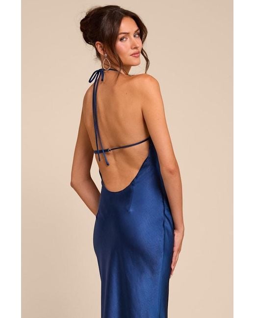 Lulus Blue Roya Satin Halter Backless Maxi Dress