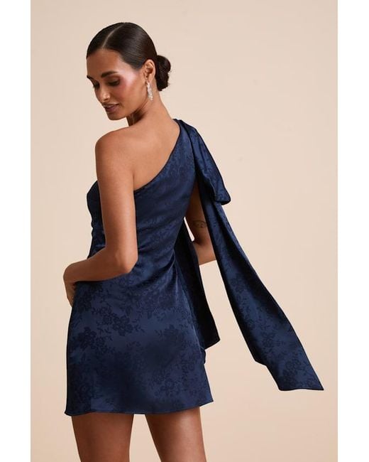 Lulus Blue Jayda Satin Jacquard One-Shoulder Sash Mini Dress