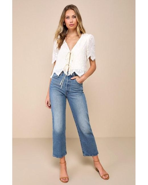 Lulus Blue Vintage Aesthetic Embroidered Tie-Front Fringe Hem Top