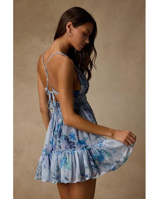 Lulus Blue Signature Sweetie Floral Smocked Tie-Back Mini Dress