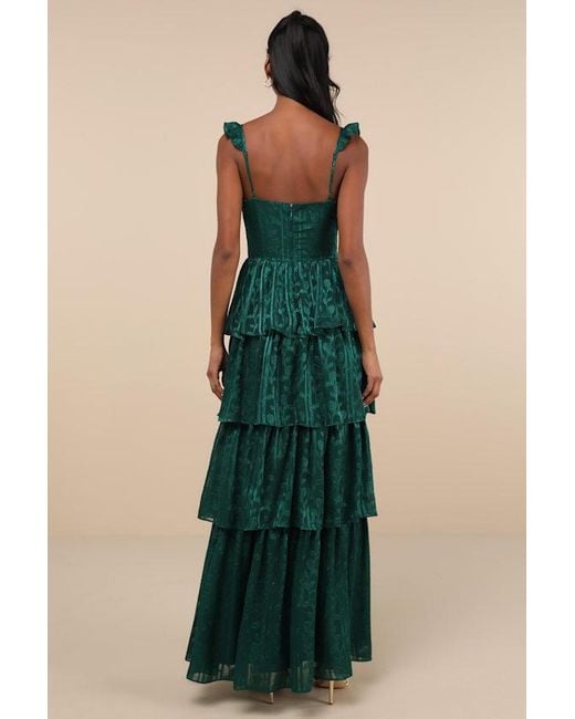 Lulus Green Stunning Glory Hunter Floral Jacquard Tiered Maxi Dress