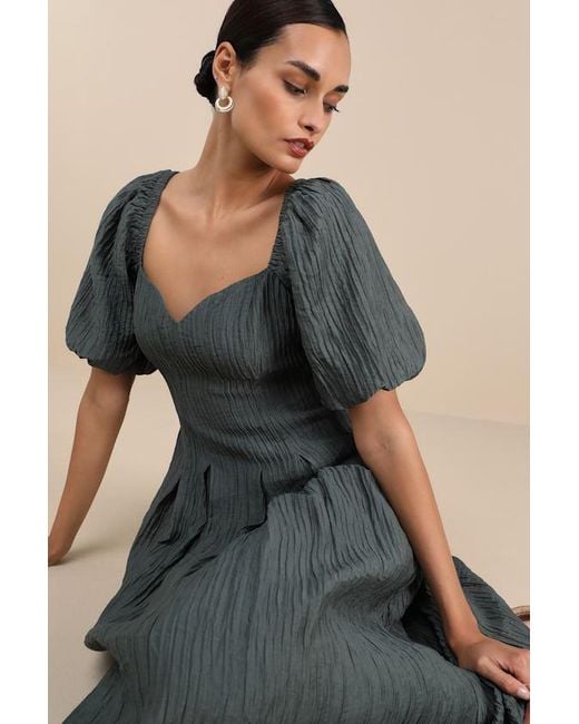 Lulus Blue Heavenly Energy Dark Slate Textured Puff Sleeve Midi Dress