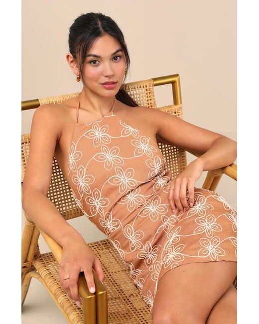 Lulus Natural Tetiana Floral Embroidered Halter Mini Dress