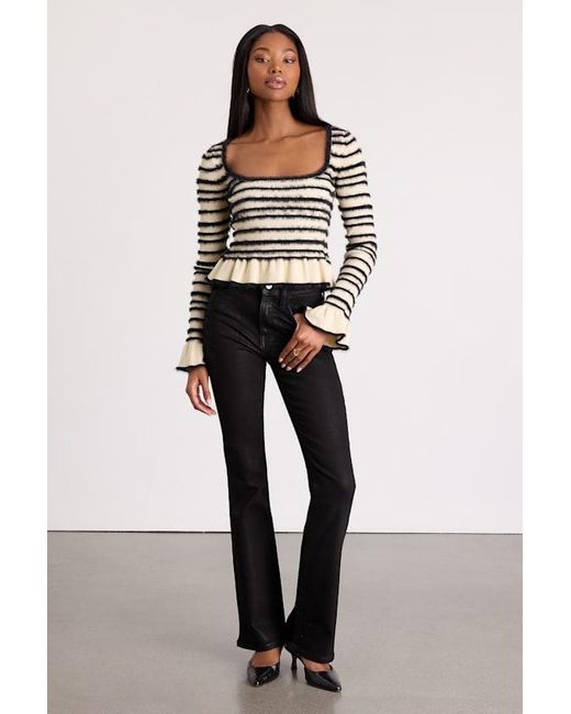 Lulus Black Steffy Cream And Fuzzy Striped Ruffled Sweater Top