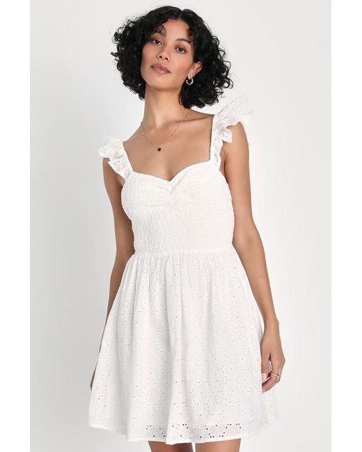 Lulus White Sweetly Sincere Ruffled Eyelet Embroidered Mini Dress