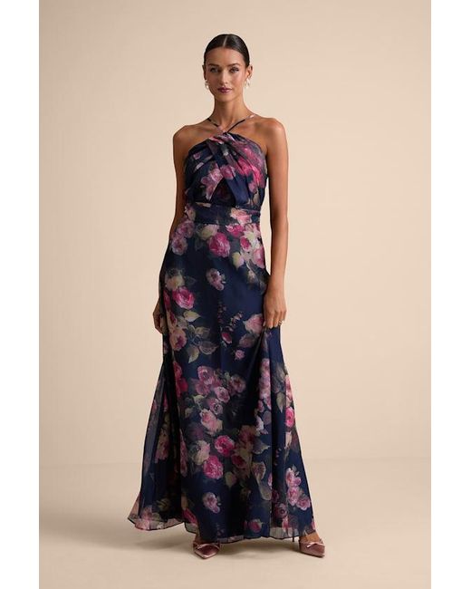Lulus Blue Farris Floral Organza Halter Maxi Dress
