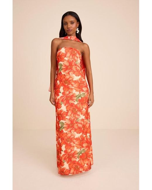 Lulus Orange Rawya Floral Strapless Maxi Dress And Scarf Set