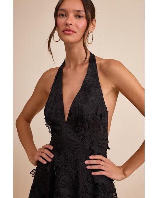 Lulus Black Kennia 3D Floral Embroidered Halter Maxi Dress