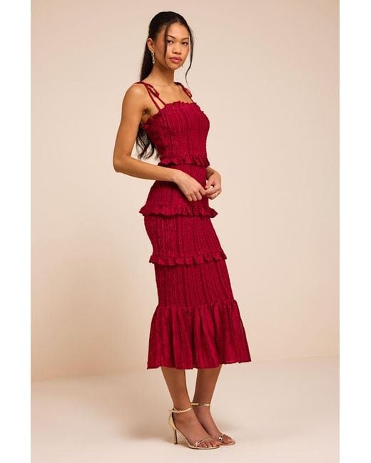Lulus Red Aymana Smocked Bodycon Midi Dress